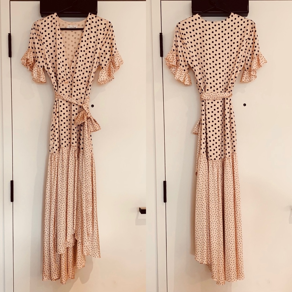 💖NWOT Gorgeous Privacy Please Solano Maxi Dress Polkadot Print XS Sash Lined💖